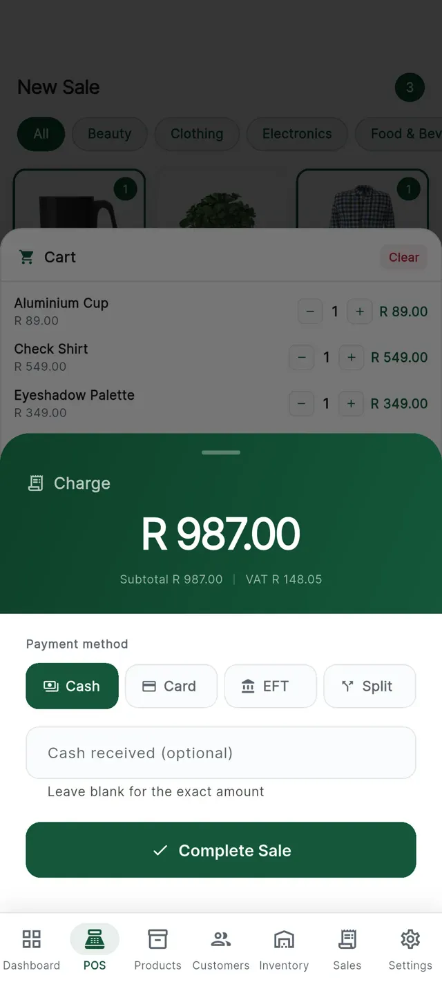 CannyPos charge sheet on a phone for R987.00 with cash, card, EFT and split payment options
