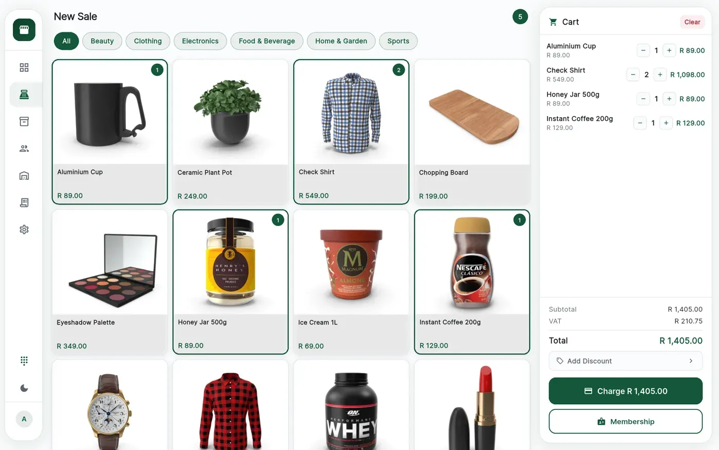 CannyPos till: new sale screen with product tiles, a cart and a Charge R1,405.00 button