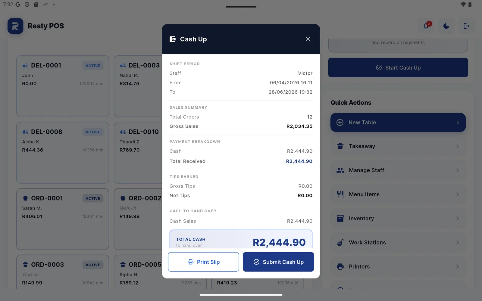 Resty cash-up summary showing orders, gross sales, payment breakdown, tips and cash to hand over