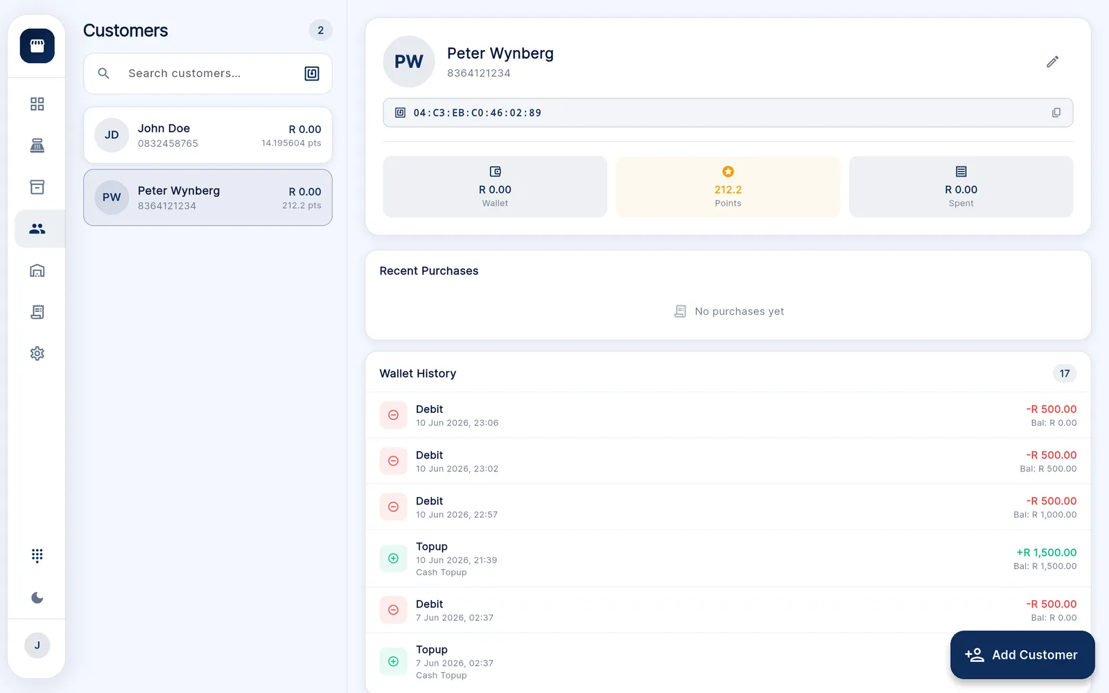 Retaily customer profile with RFID card ID, wallet, points and wallet history