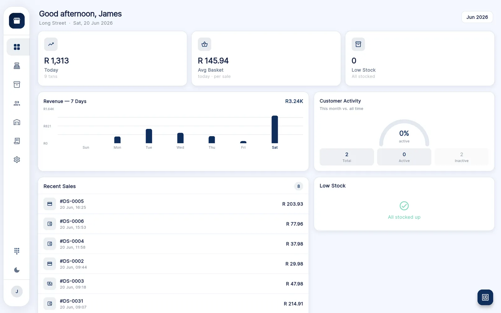 Retaily dashboard with today’s sales, average basket and a seven-day revenue chart
