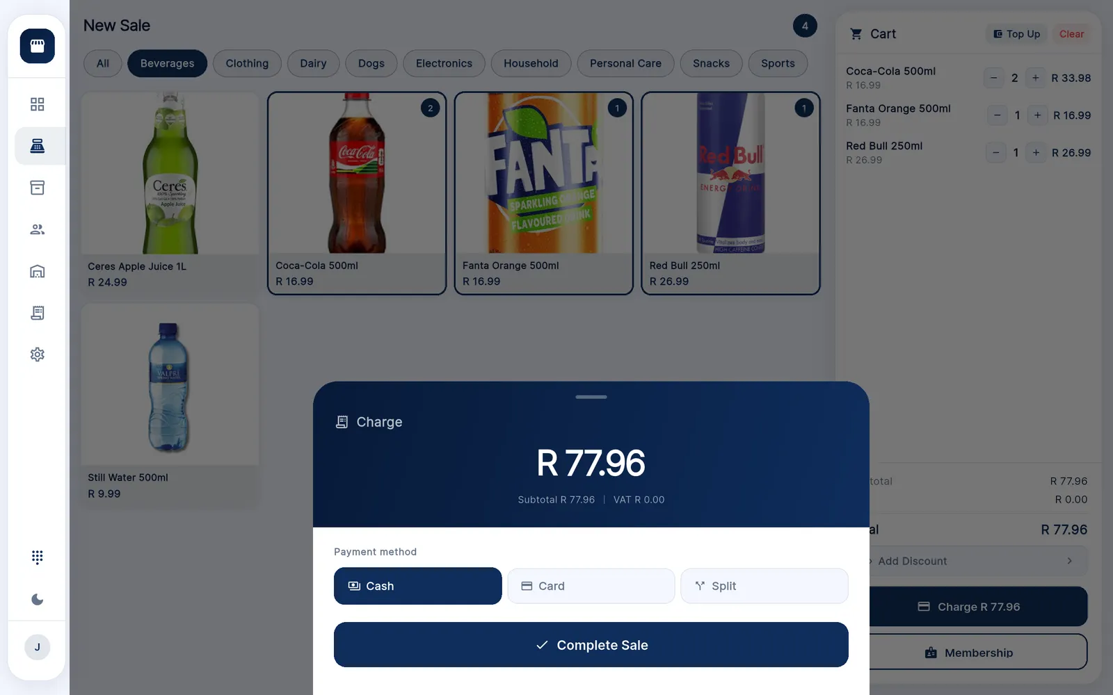Retaily charge sheet for R77.96 with cash, card and split payment options